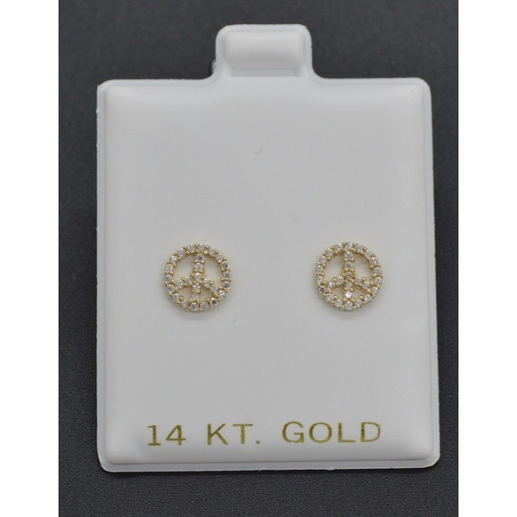 14K Solid Yellow Gold peace 8mm Cubic Zirconia CZ Stud Earrings - Picture 3 of 5